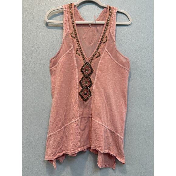 Free People Focus on Center Beaded Tank Top; Pink Medium - Picture 2 of 7